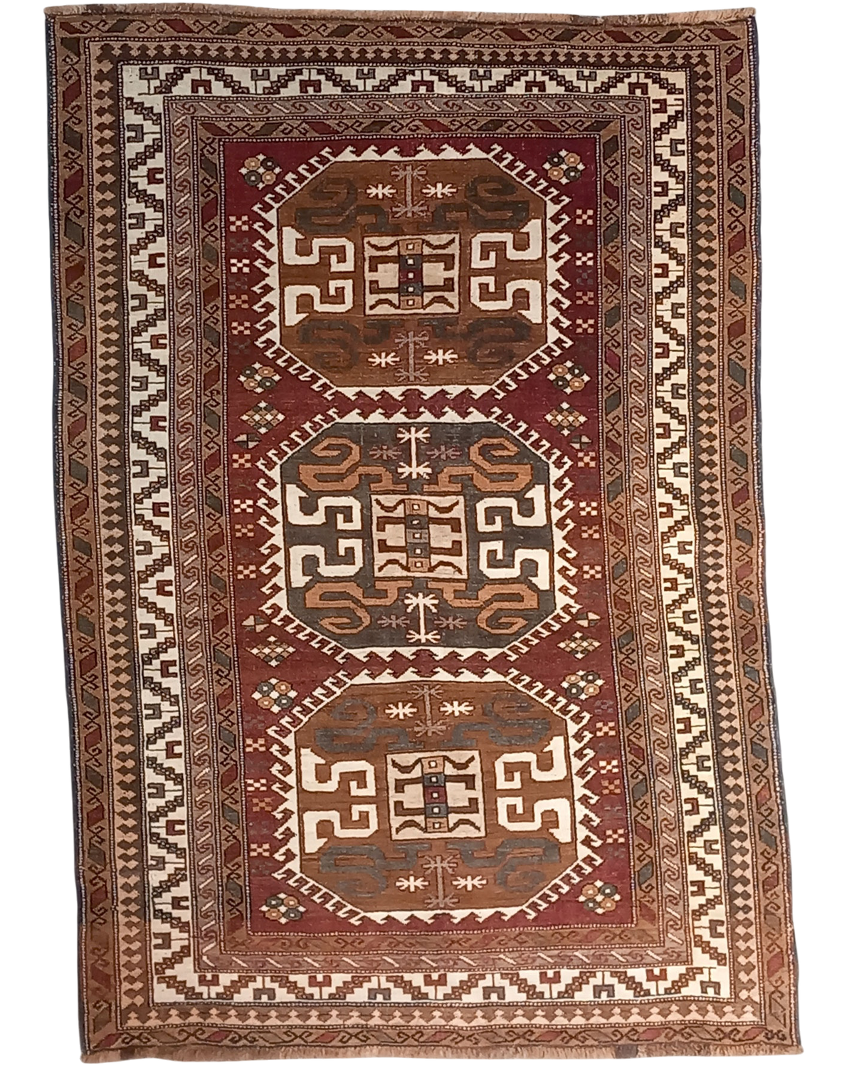 Tappeto Turco usato 200x142 cm bordeaux con tre medaglioni geometrici