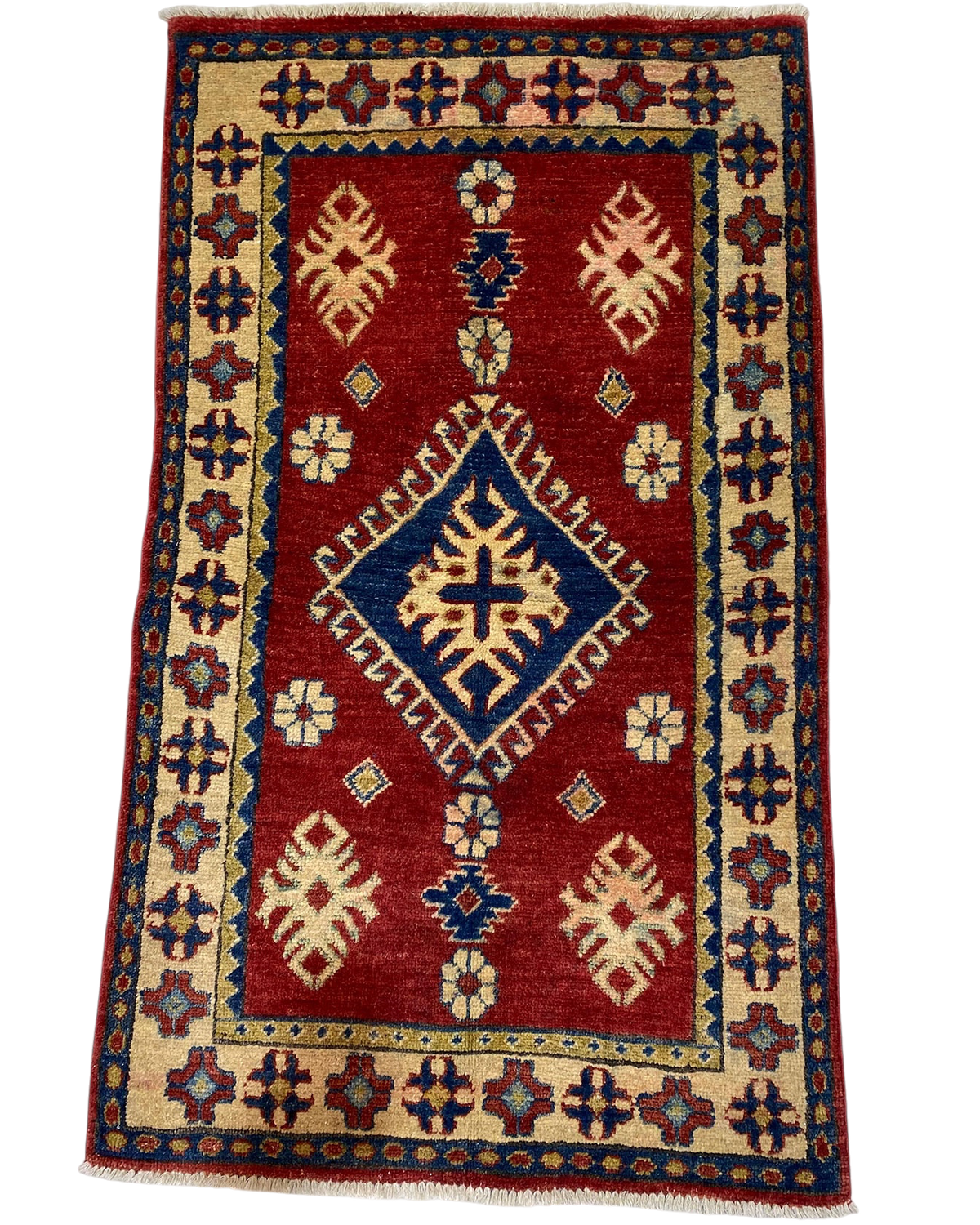 Tappeto Uzbek usato 140x80 cm annodato a mano con medaglione geometrico blu su fondo rosso