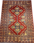 Tappeto Uzbek usato 280x195 cm con disegno geometrico rosso, blu e avorio