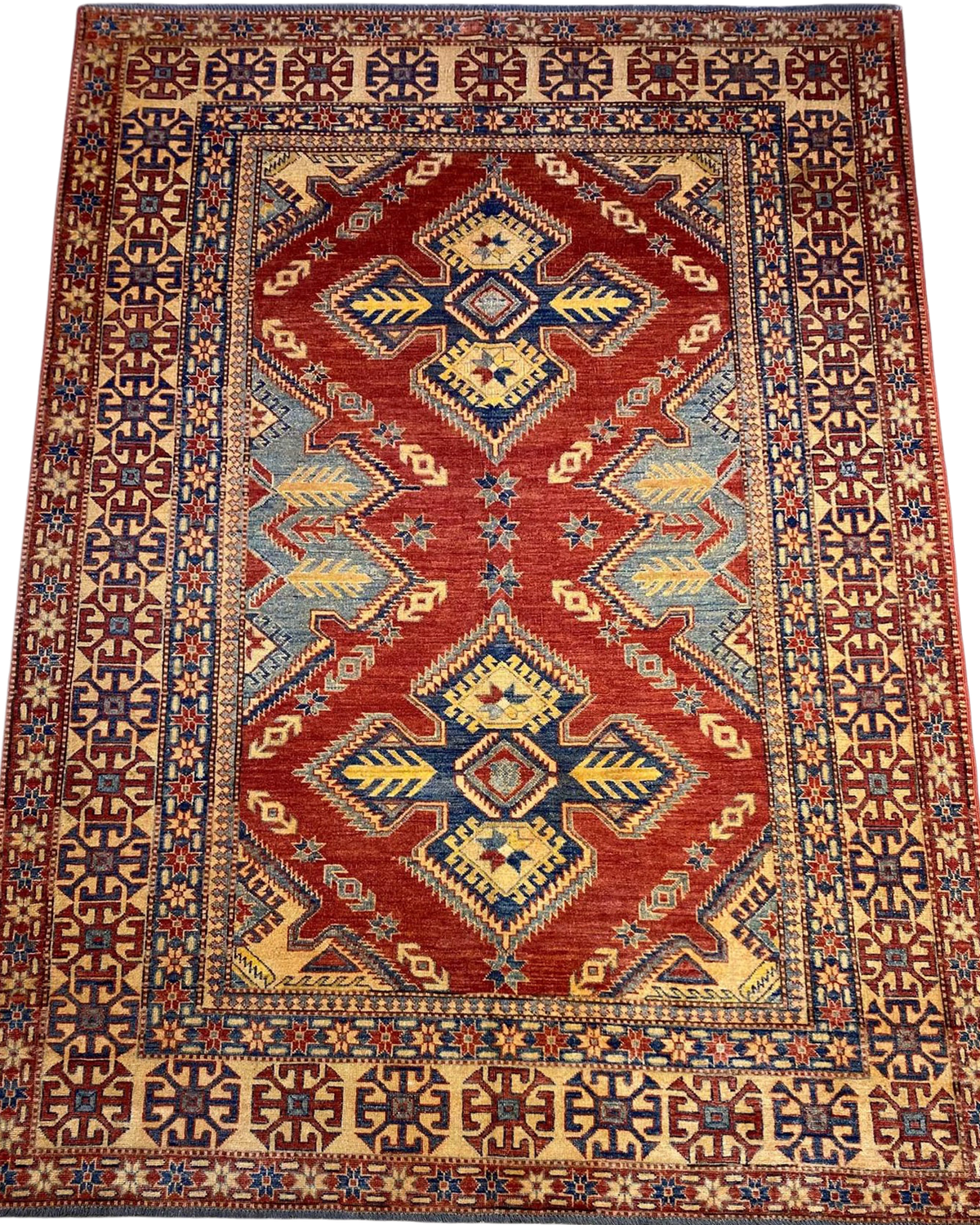 Tappeto Uzbek usato 280x195 cm con disegno geometrico rosso, blu e avorio