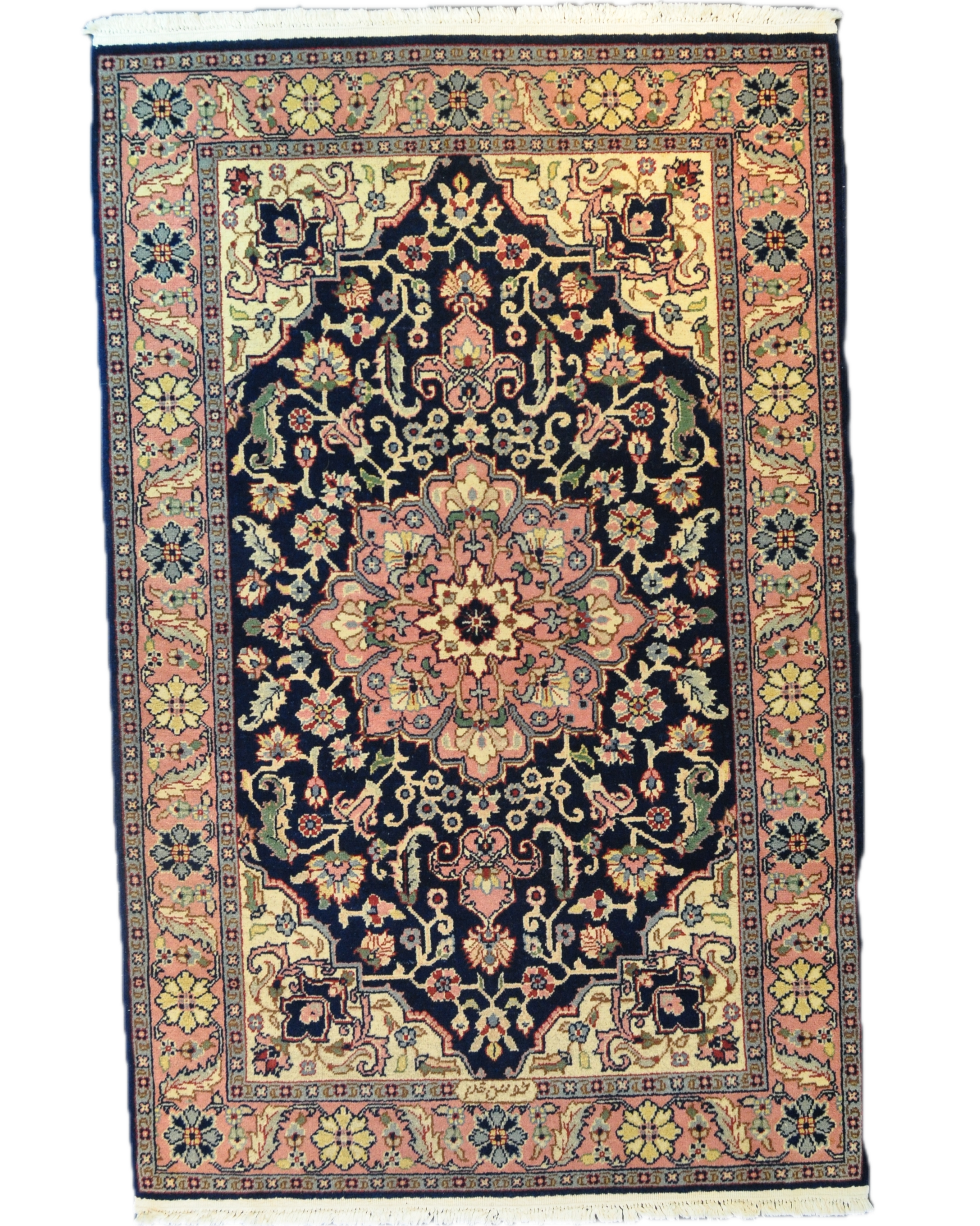 Tappeto Yerevan annodato a mano 185x122 cm con medaglione floreale centrale su fondo blu notte e bordure decorative