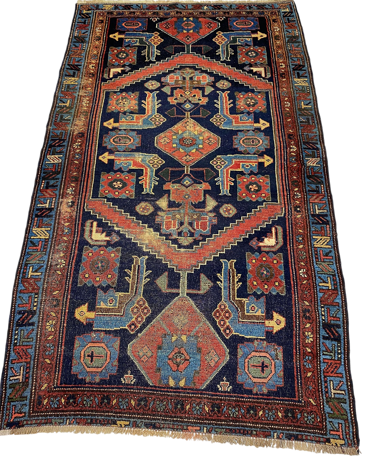 Tappeto persiano Zanjan usato 195x112 cm annodato a mano con disegno geometrico su fondo blu