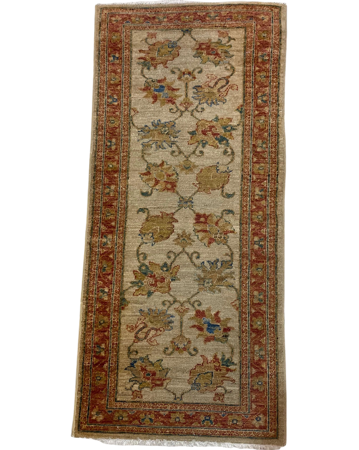 Tappeto Ziegler usato 147x67 cm con disegno floreale su fondo avorio e bordura rosso mattone