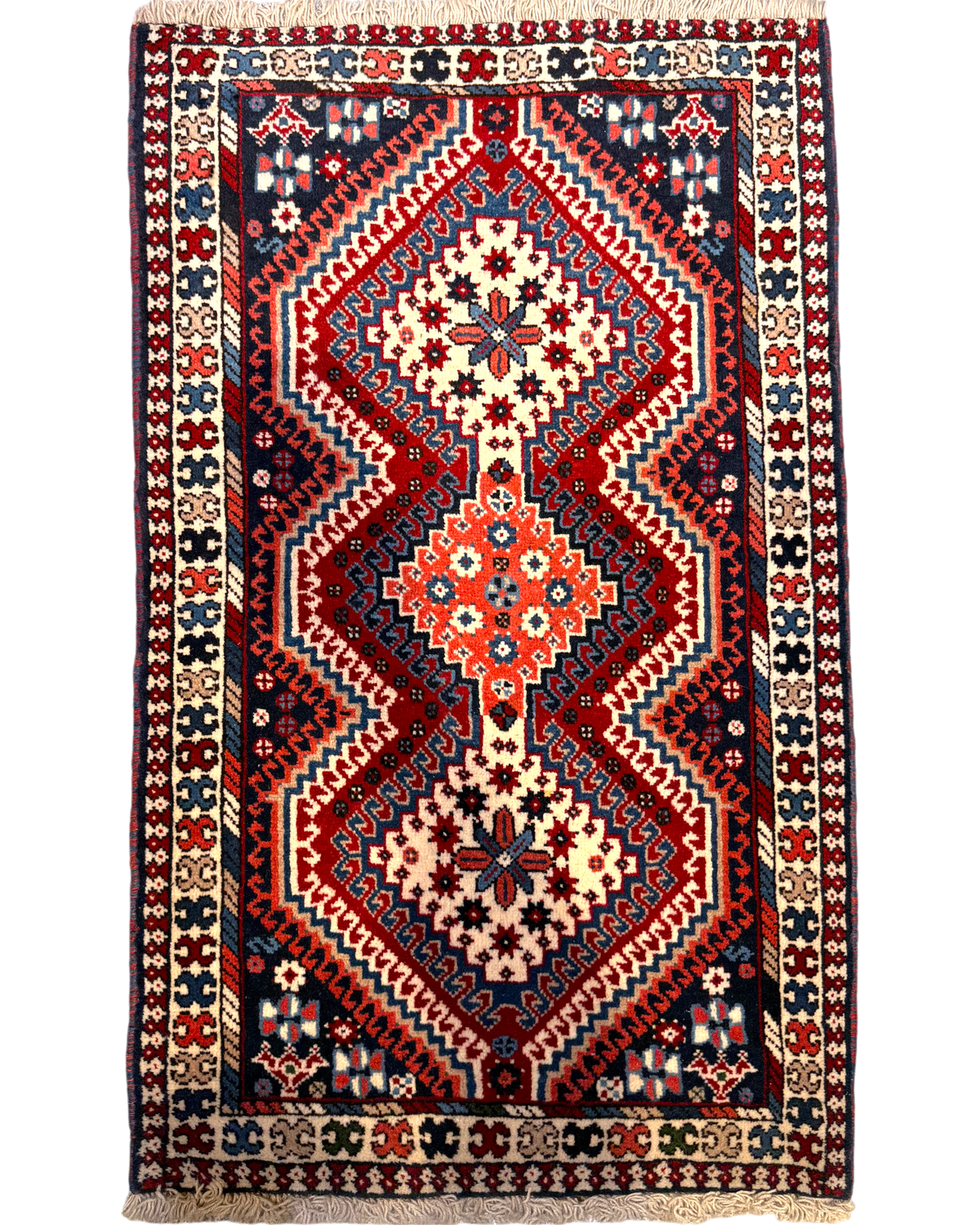 Tappeto persiano Yalameh 105x63 cm rosso a motivi geometrici